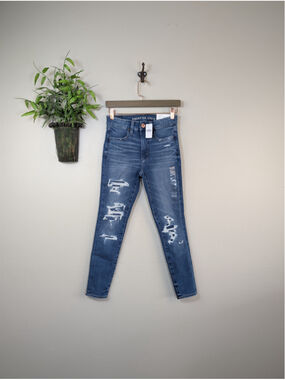 NEW American Eagle 2 Dream Jeans Hi Rise Skinny Crop Jegging Dark Distressed AE